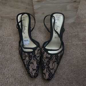 Vintage Y2K Lace Overlay and Satin Square Toe Slingback Heels 8.5 W